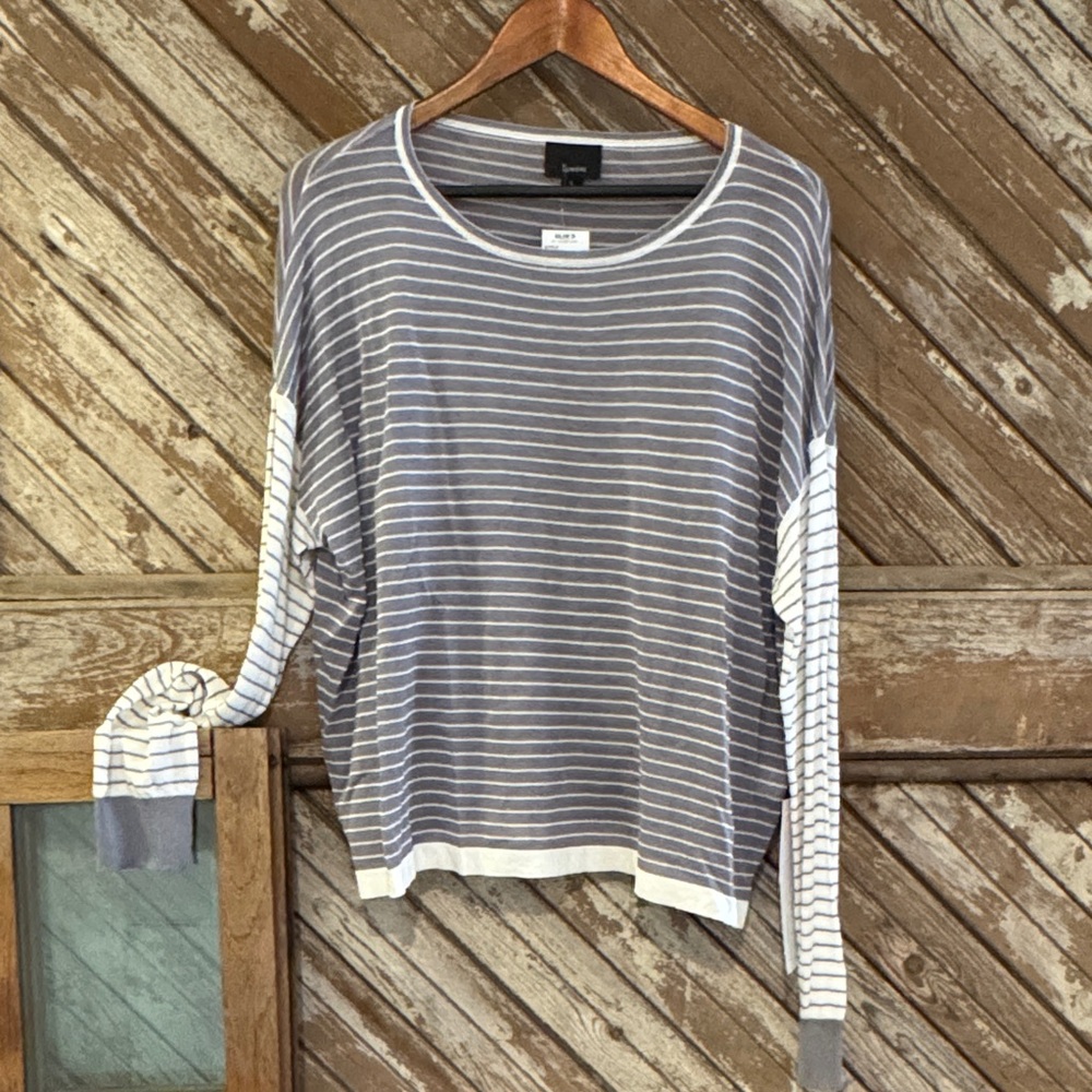 Lumiere Gray and White Striped Sweater light weight drop sleeves